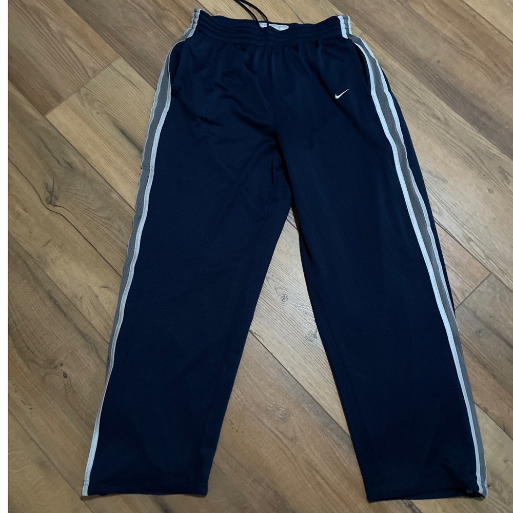Y2K Nike Navy Blue Athletic Track Pants Mesh Side Stripe Drawstring Retro Style